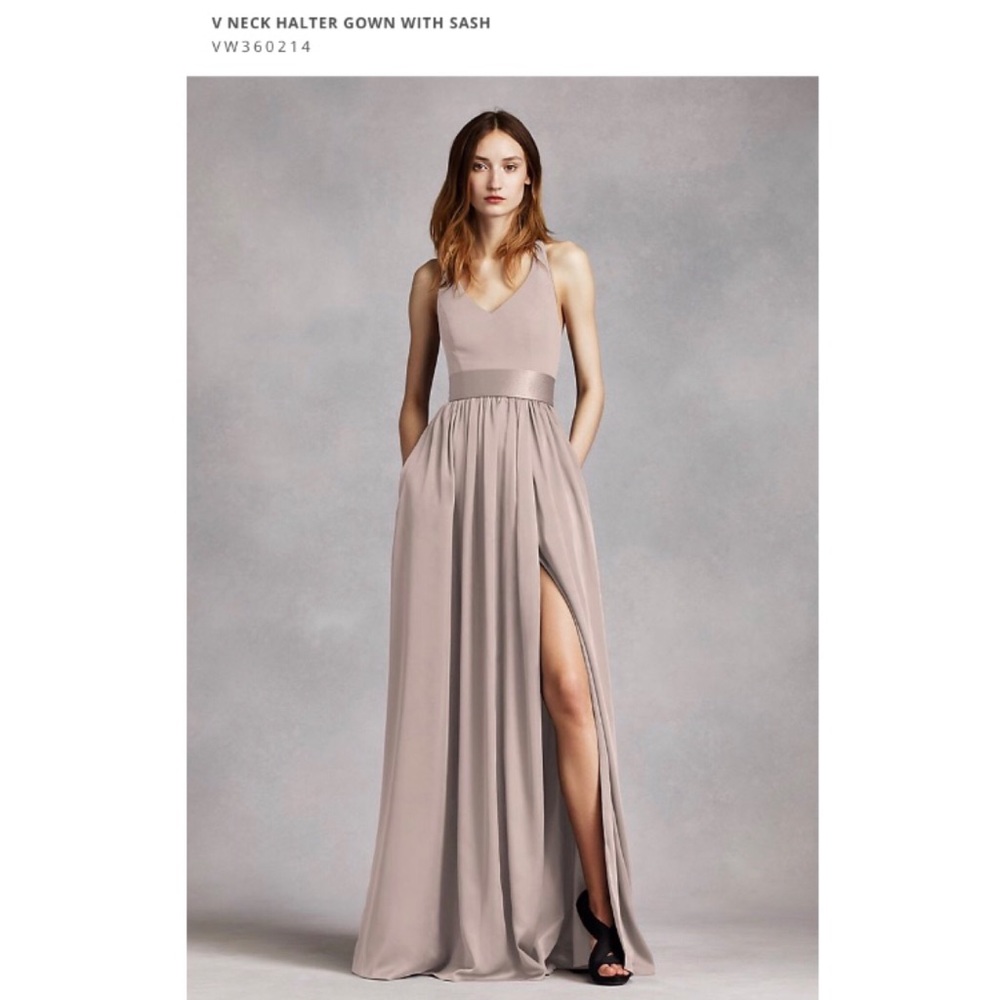 V Neck Halter Gown with Sash size 2 biscotti